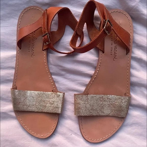 Niccolo Vacari Tan Gold Crackled Ankle-strap Sandal 9.5 - Picture 1 of 7
